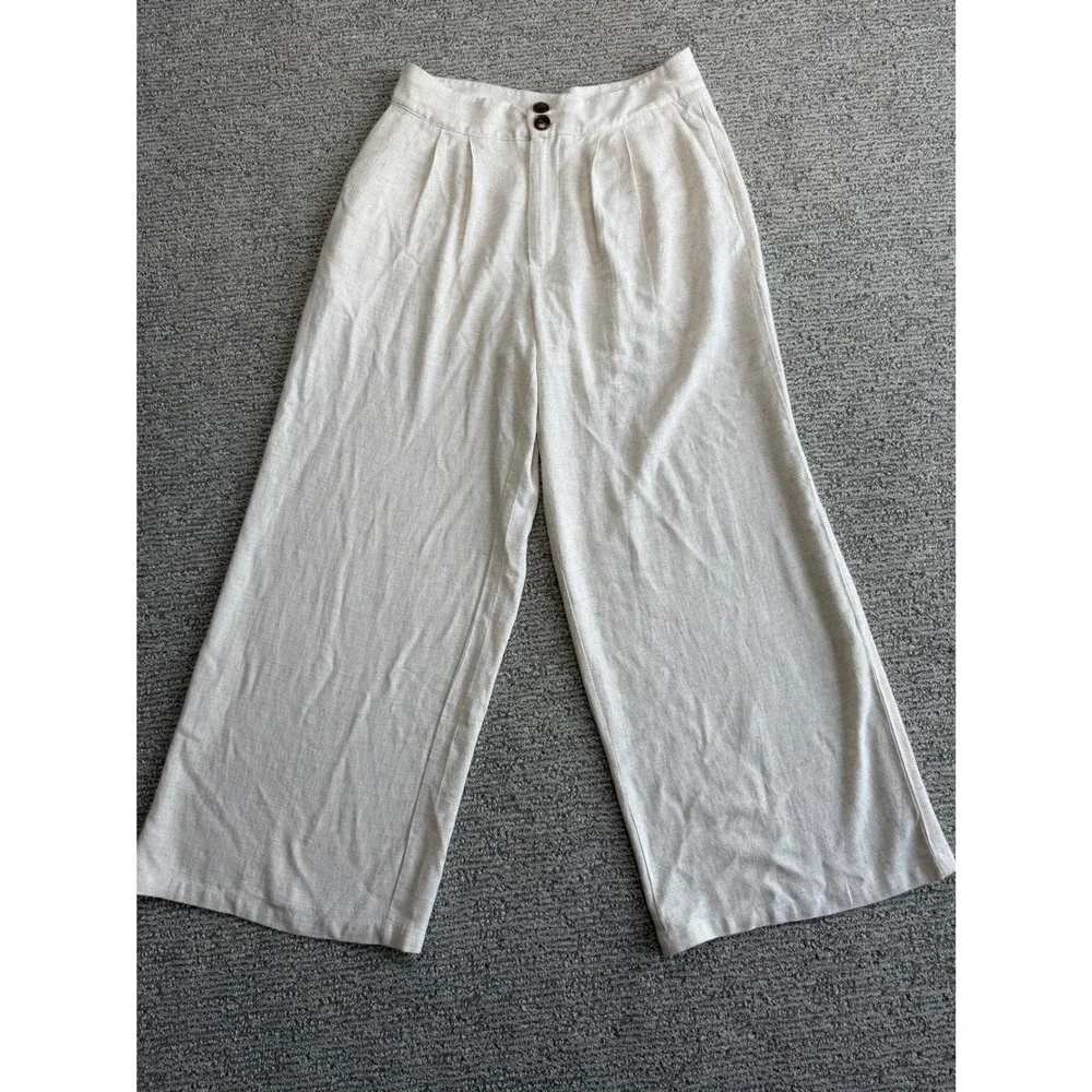 Cider Beige Linen Blend Wide Leg Trousers Pleated High Waist Pants Large